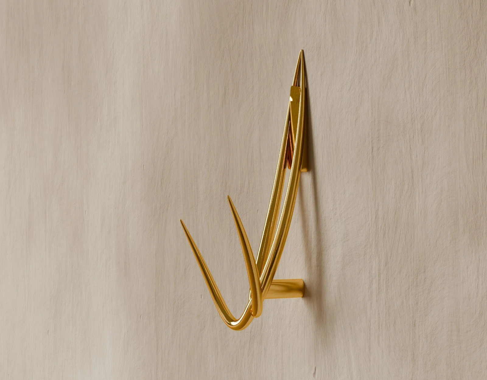 The coat hook from the side: the hooks curl forward, the standoff holds it square, and the plate sits flat to the wall over its hidden cleat