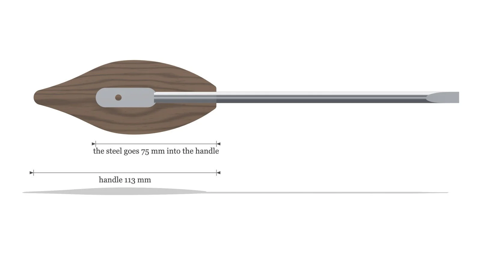 The cabinetmaker's screwdriver with the near half of the handle made clear: the blade runs 75 mm into the 113 mm handle, its last 38 mm forged flat
