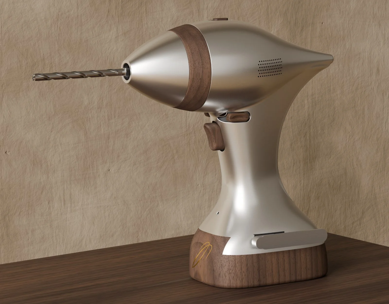 Flutter drill, three-quarter view from the front, standing on a walnut case