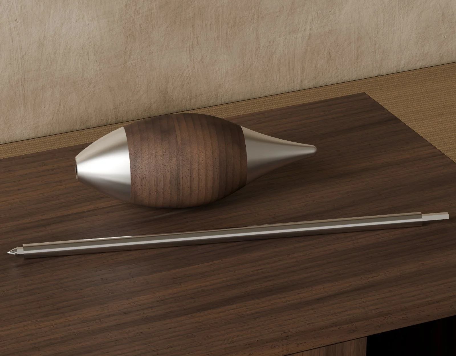 The Flutter screwdriver lying on a walnut case, its magnetic extension with the PH2 bit beside it