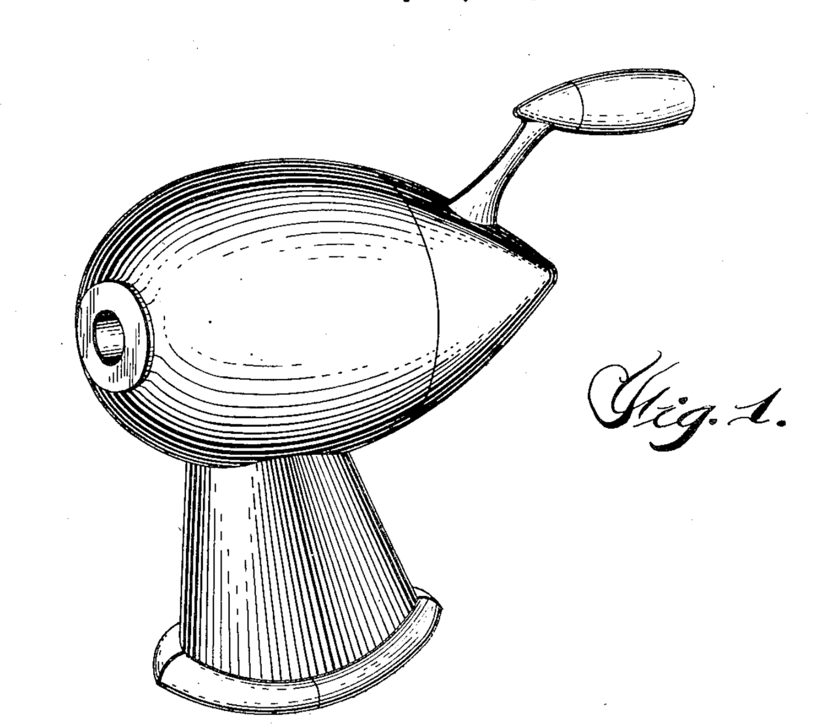 Raymond Loewy's 1934 design patent drawing of his streamlined pencil sharpener, Fig. 1, US Des. 91,675