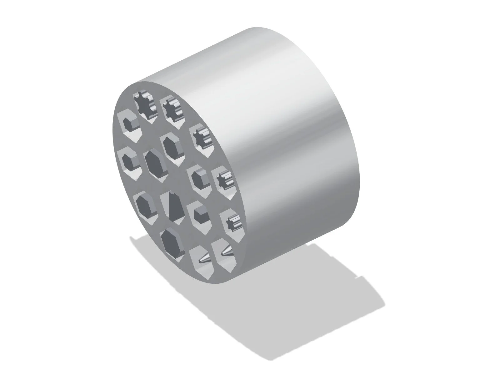 The aluminium bit cartridge, showing sixteen bits: Torx, metric and imperial hex, Phillips, slotted and square