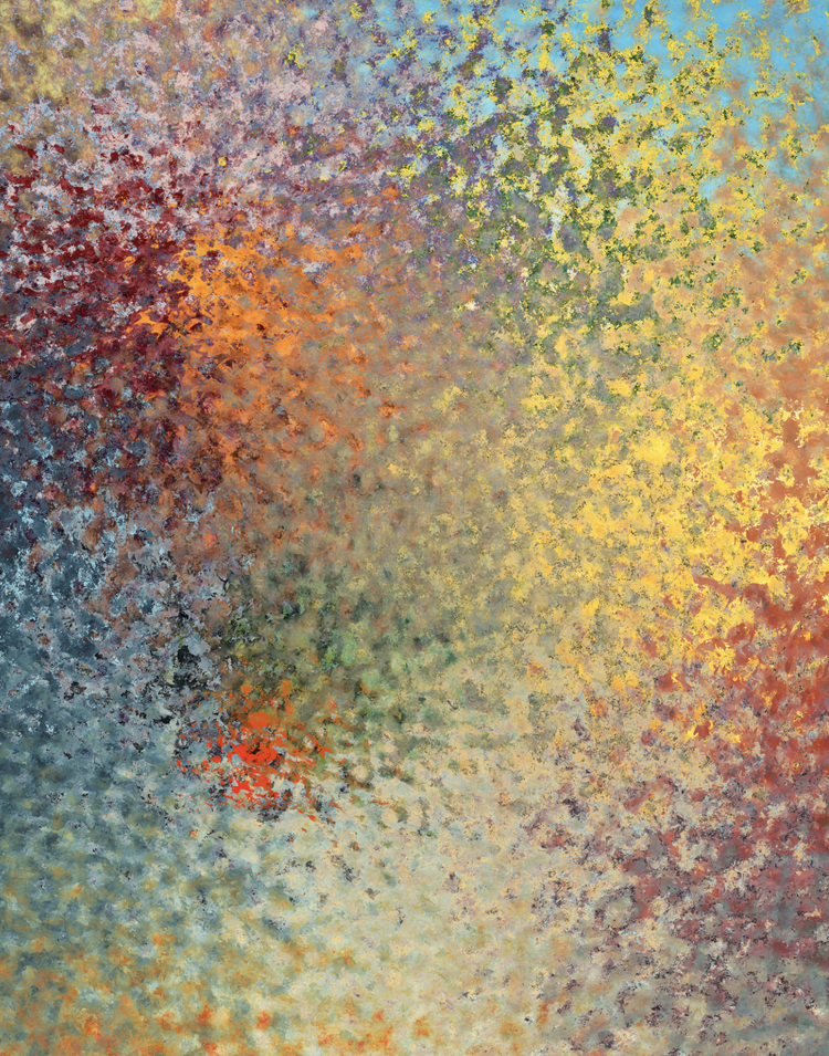 A 100 Sunsets output: grainy specks of rust, gold, grey and sky blue light