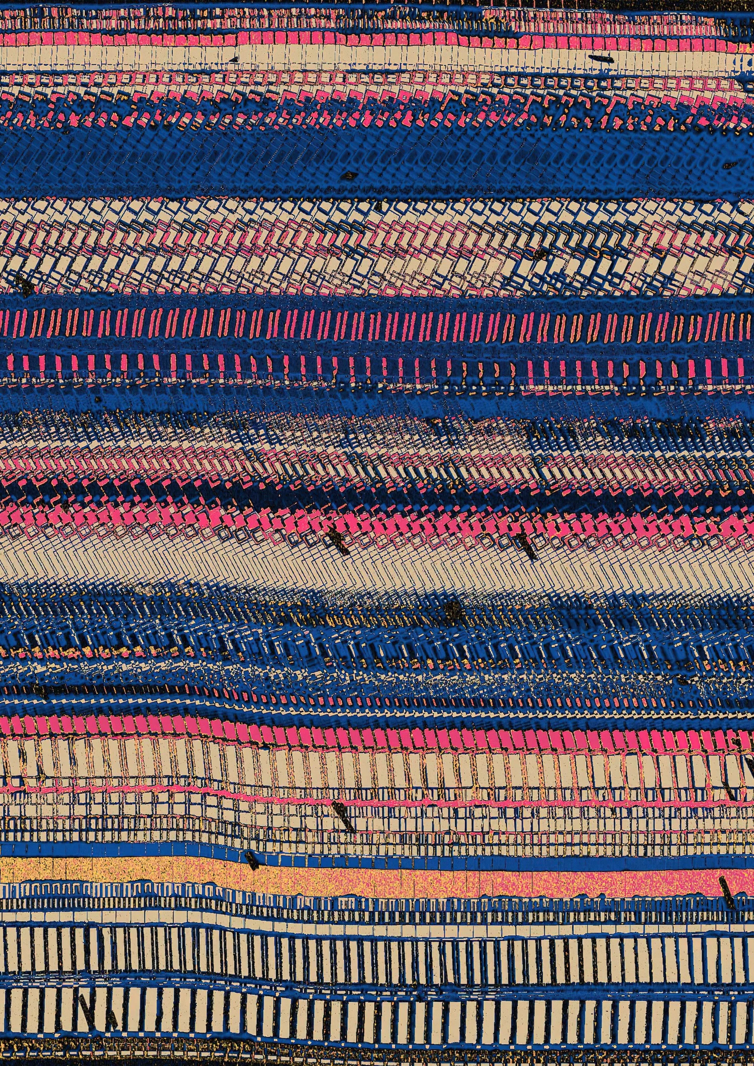 A work by Mapan: tight horizontal bands of blue, pink and cream like woven or embroidered thread