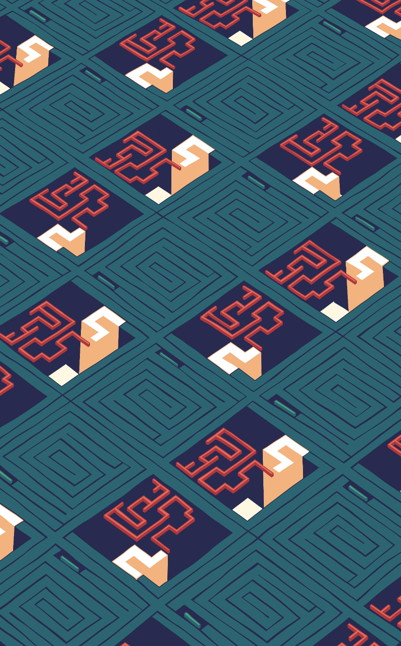 A Golid work: tilted teal spiral tiles alternating with navy squares holding red mazes and peach blocks