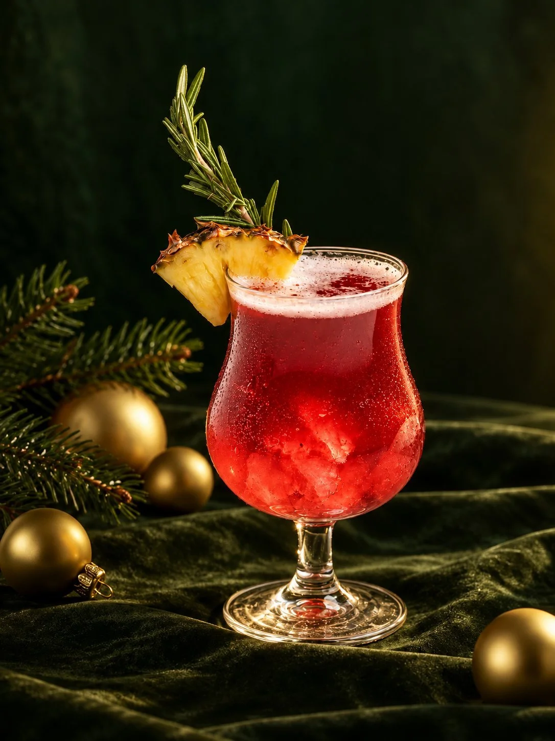 A festive red punch garnished with pineapple and rosemary