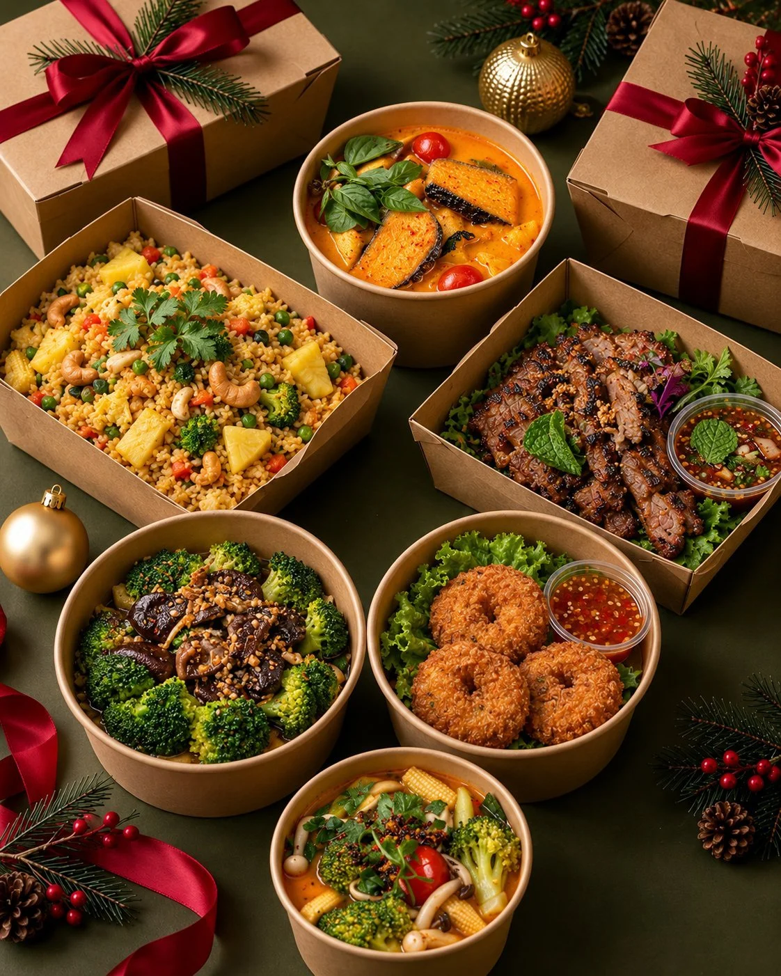 Christmas takeaway boxes tied with ribbon