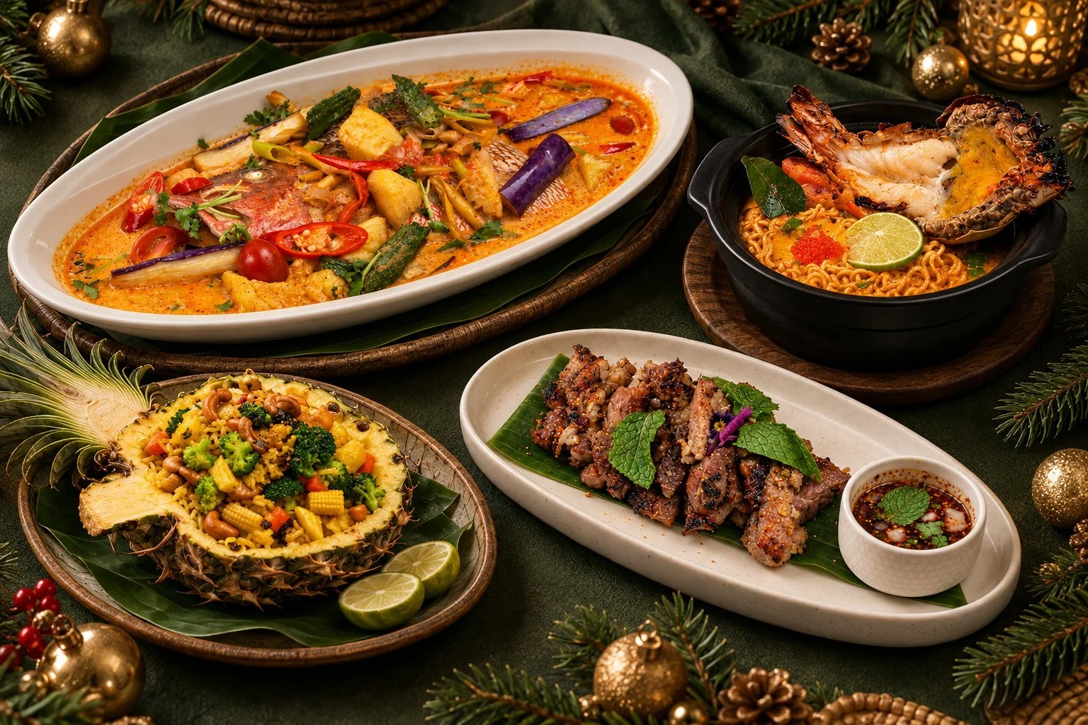 A Thai Christmas spread: fish curry, river prawn tom yum noodles, pineapple fried rice and grilled pork collar