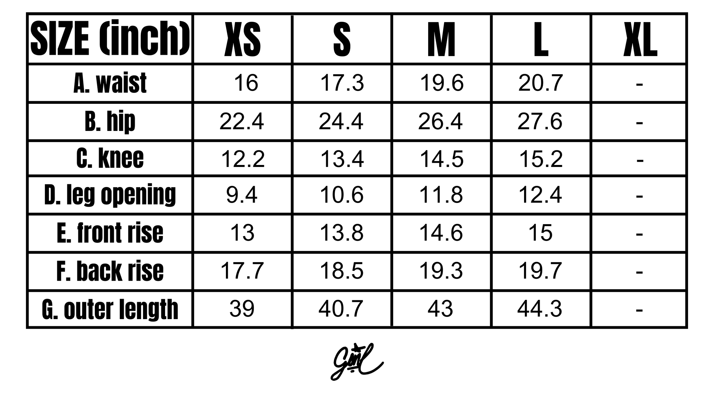 Size Chart Inches