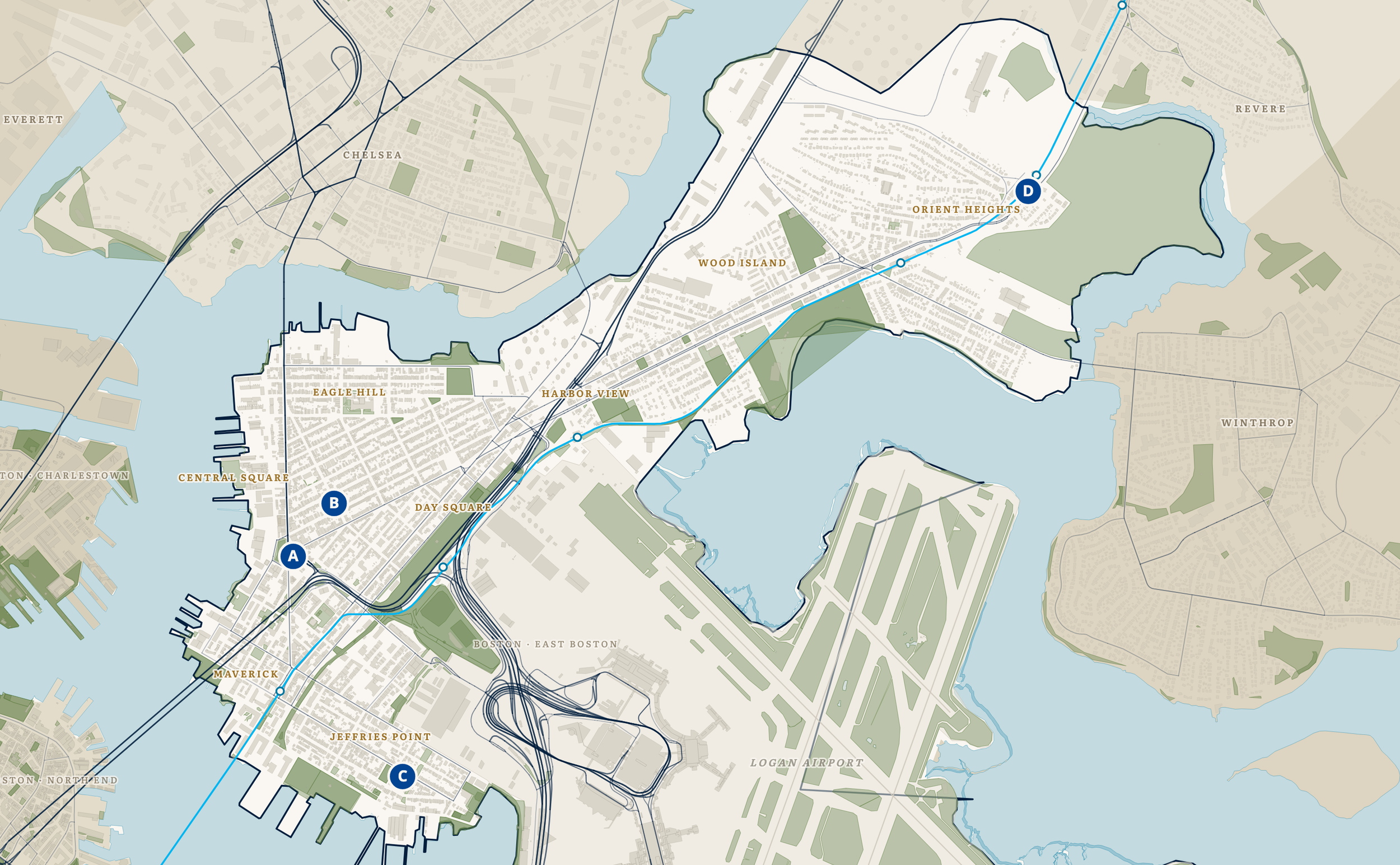 Map of East Boston showing EBSC’s four locations: A Central Square (Main), B Marion Street in Eagle Hill, C Sumner Street in Jeffries Point, and D Bennington Street in Orient Heights. Surrounding context includes Logan Airport, Charlestown, the North End, and Winthrop.