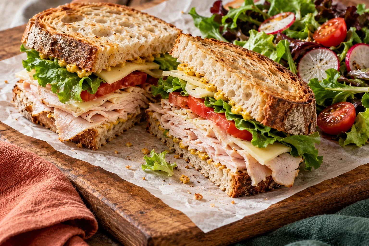 A rustic sandwich lunch with leafy greens and a fresh side salad
