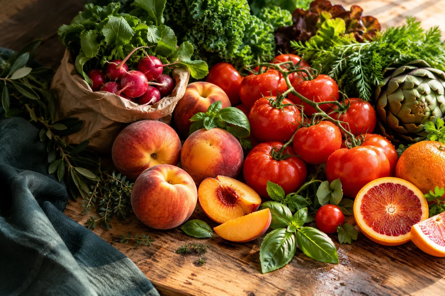A colorful market table of ripe peaches, tomatoes, citrus and leafy greens