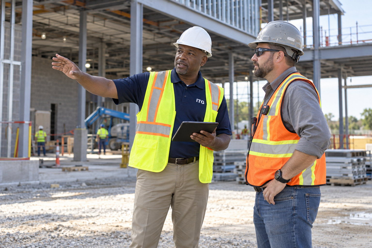 ITG professional coordinating with a superintendent at a construction site — illustrative image