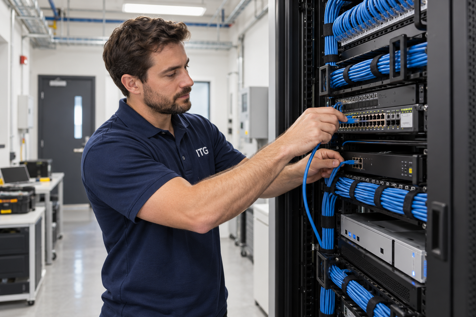 Technician in an ITG polo working on an organized network rack — illustrative image