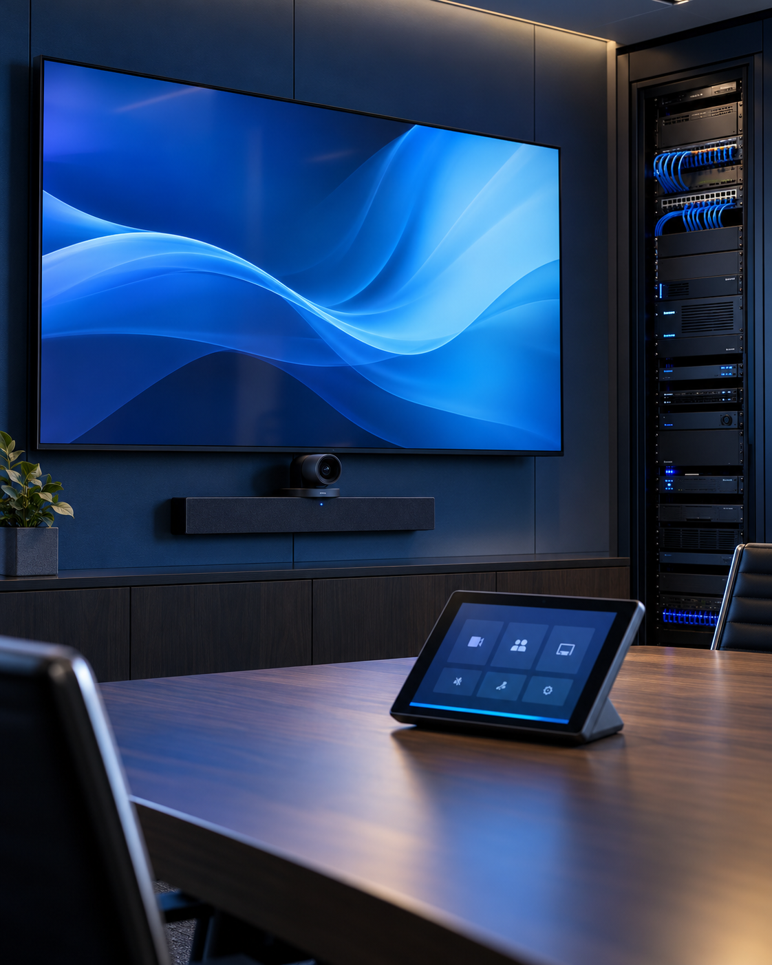 Professional AV display, conferencing camera, touch controls and network equipment