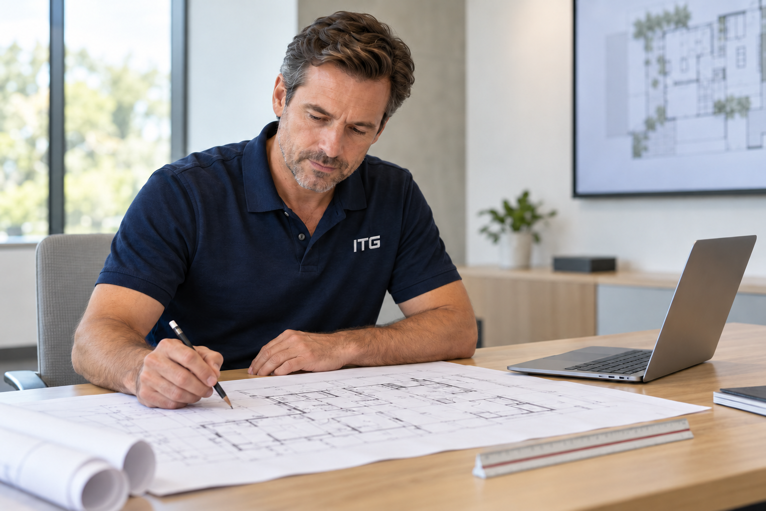 Consultant in an ITG polo reviewing technology plans — illustrative image