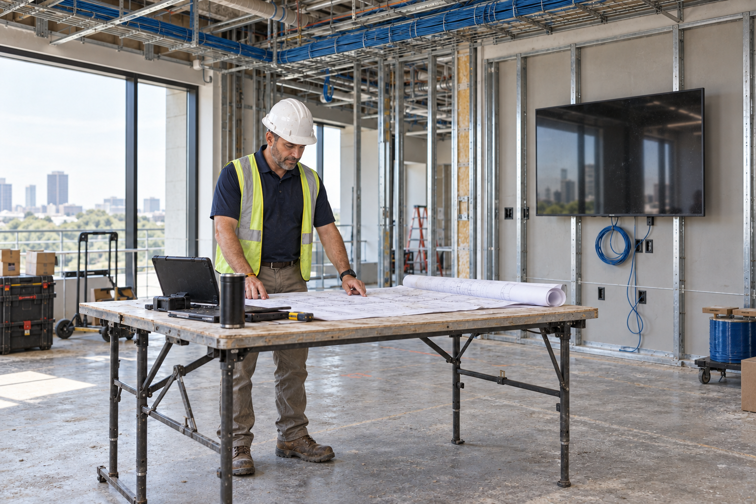 ITG project manager reviewing plans at a low-voltage job site — illustrative image