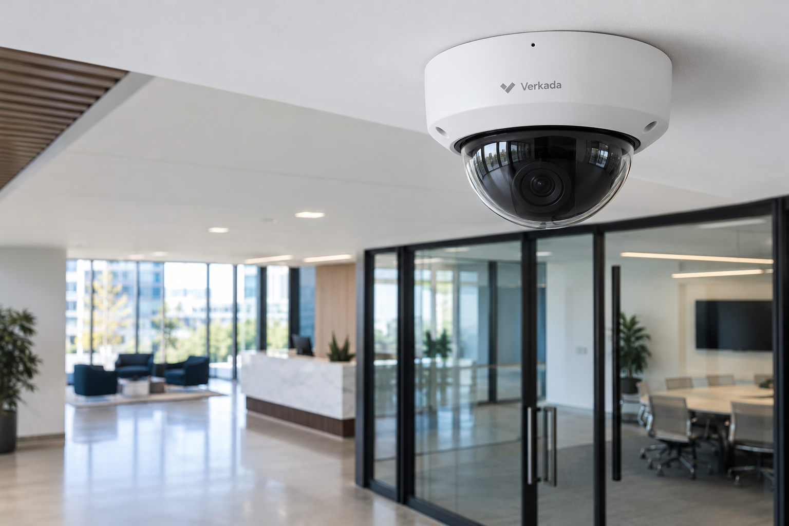 Verkada dome security camera in a modern commercial office