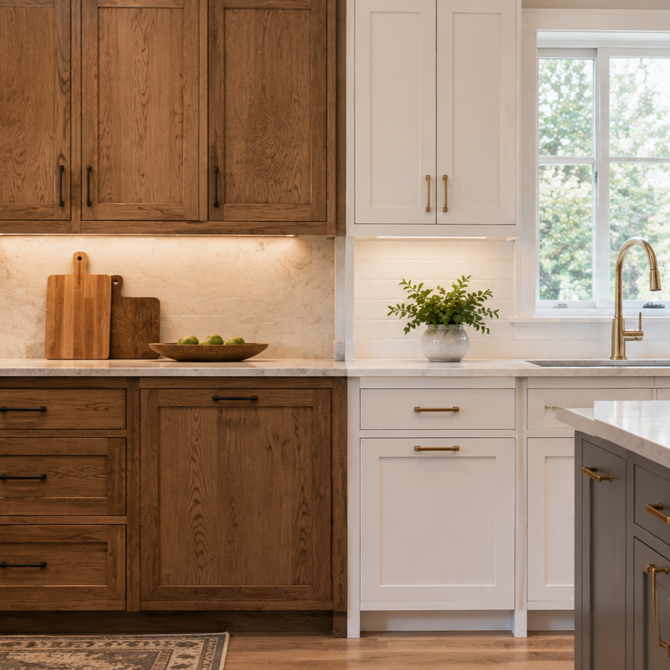 close up of stained hardwood and painted cabinet doors