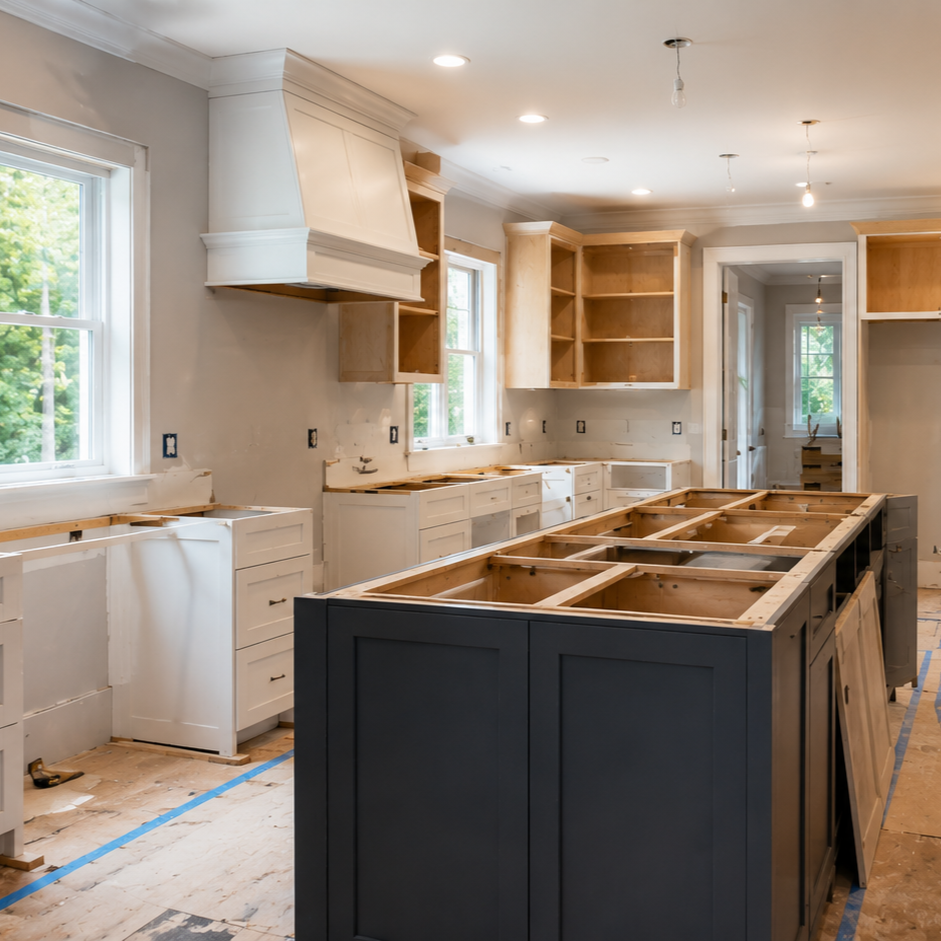 modern stainless steel kitchen during gut renovation