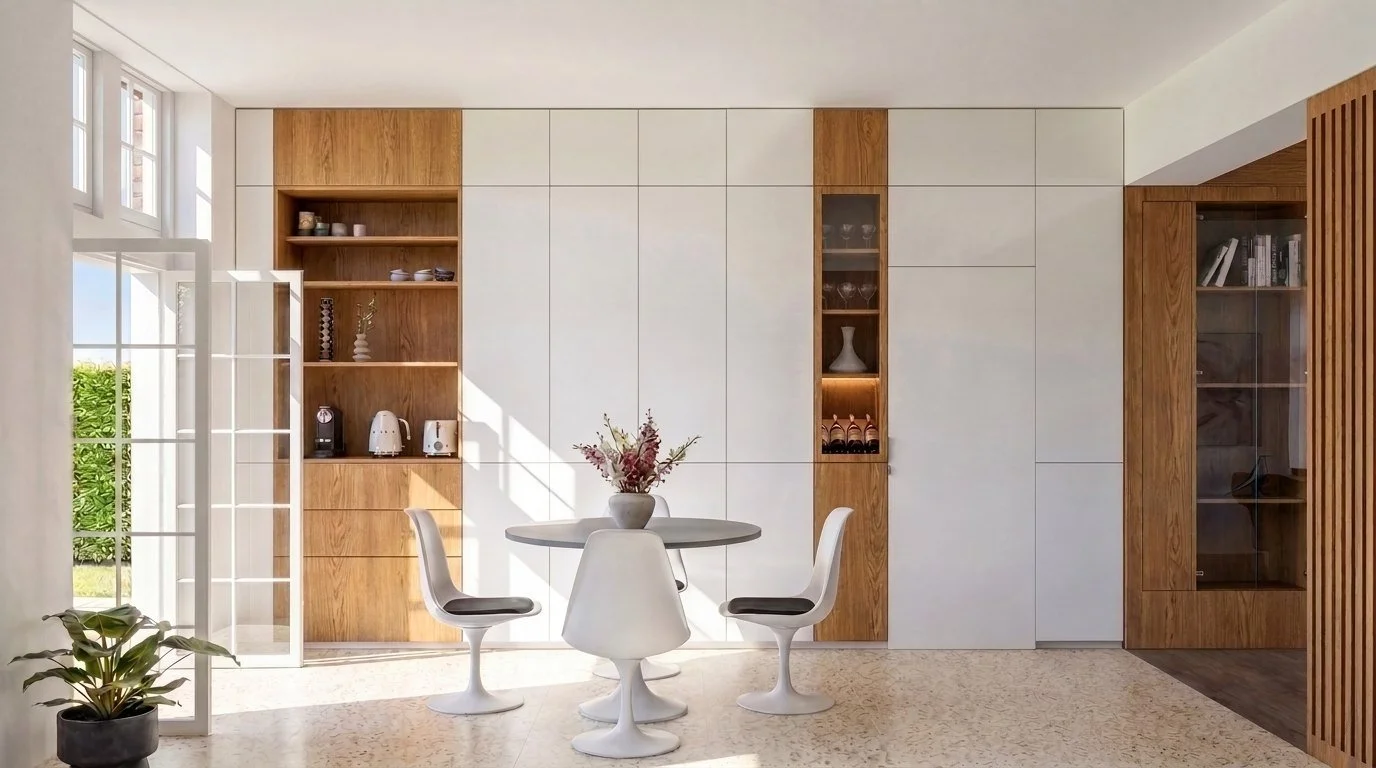 Vue projetée des rangements sur mesure en chêne et laqué blanc