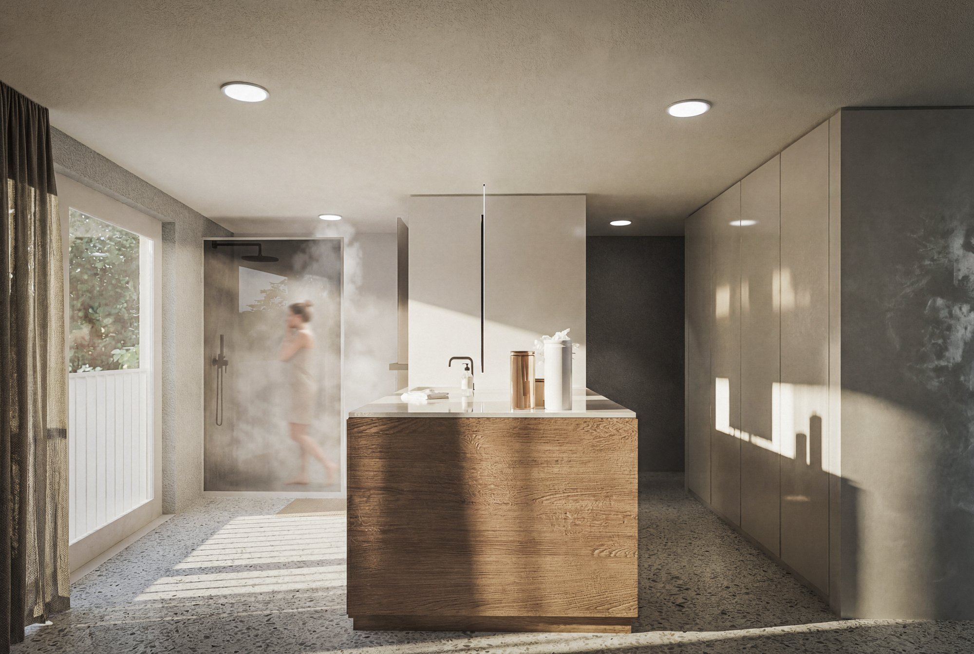 Salle de bain, meuble vasque en chêne et sol en terrazzo