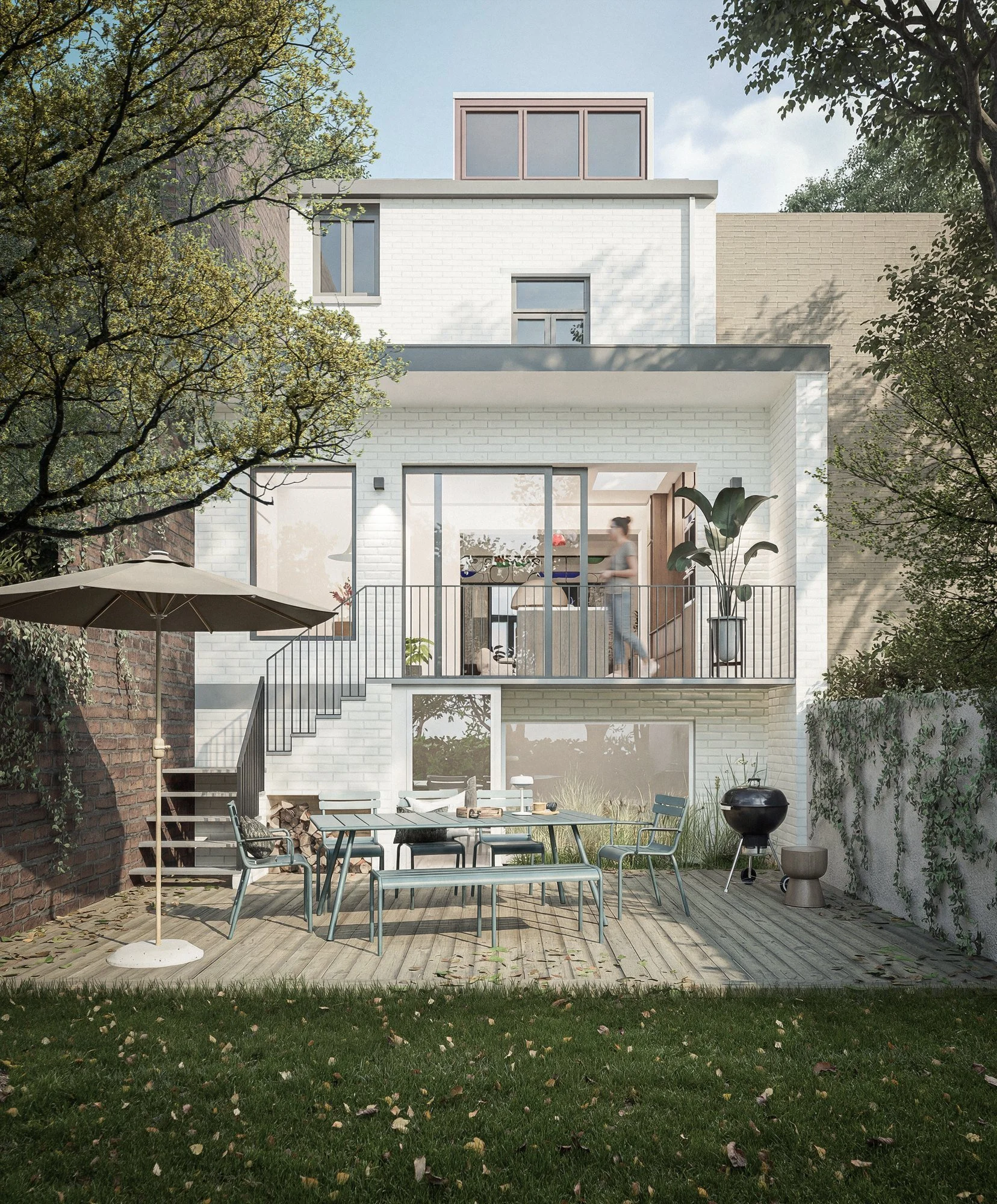 Façade arrière, terrasse et escalier vers le jardin