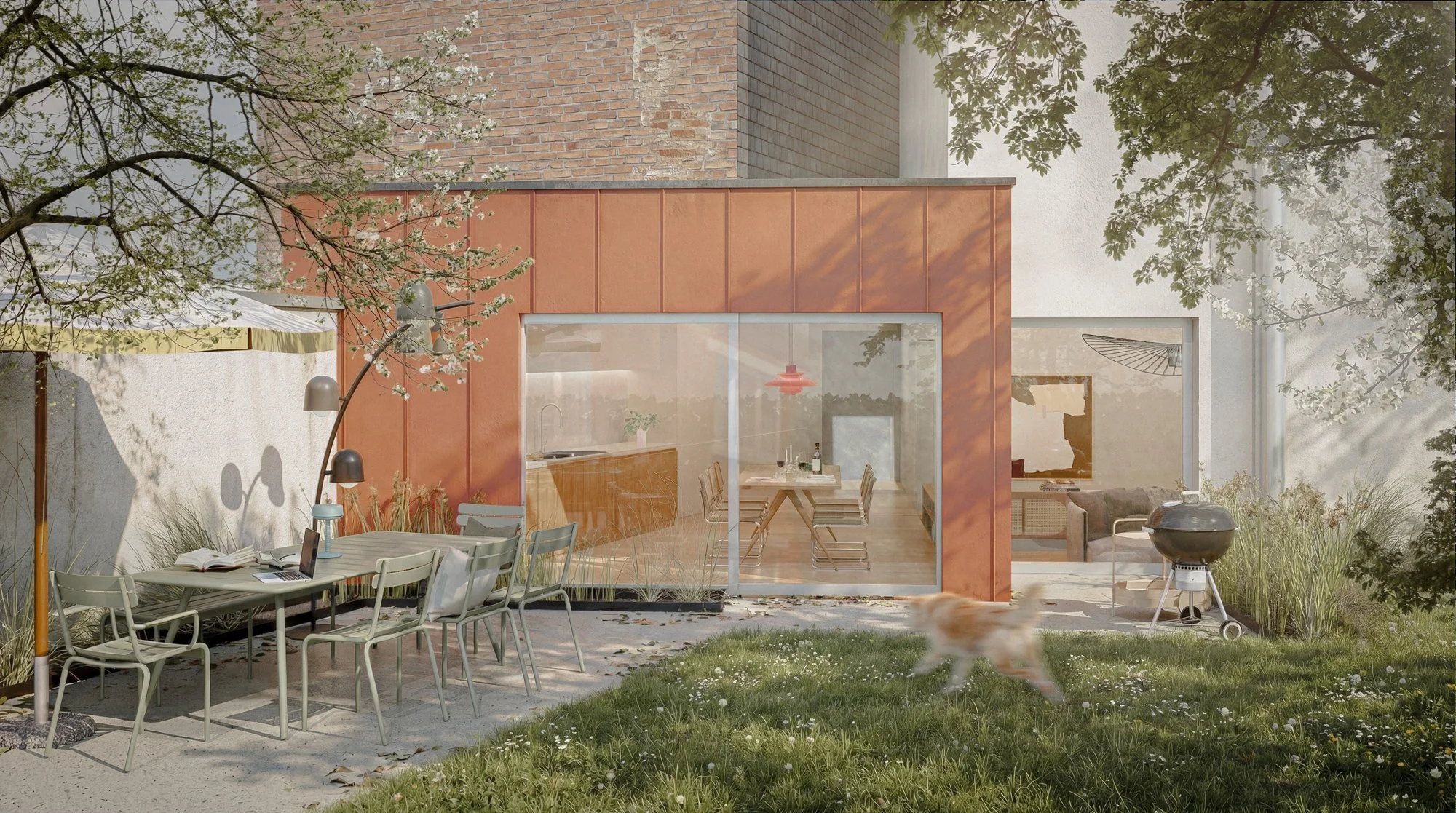 Vue de l’extension en bardage côté jardin