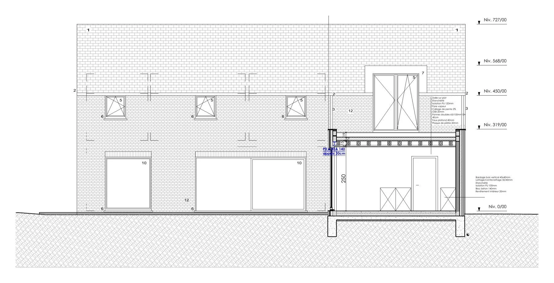 Coupe transversale sur la cuisine et le garage