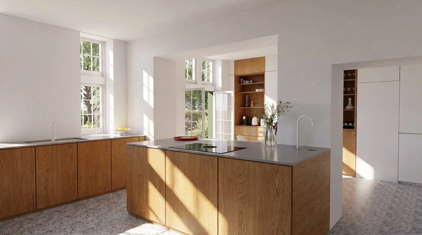 Vue projetée de la cuisine avec îlot en chêne
