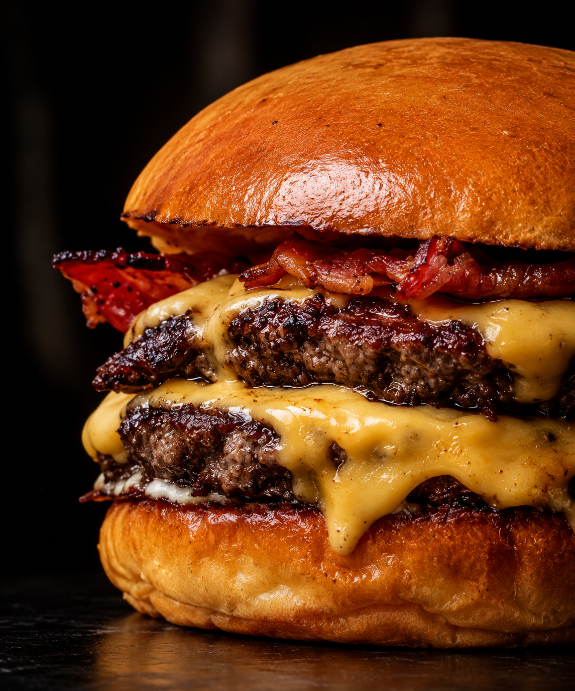 Hambúrguer com bacon e cheddar a escorrer