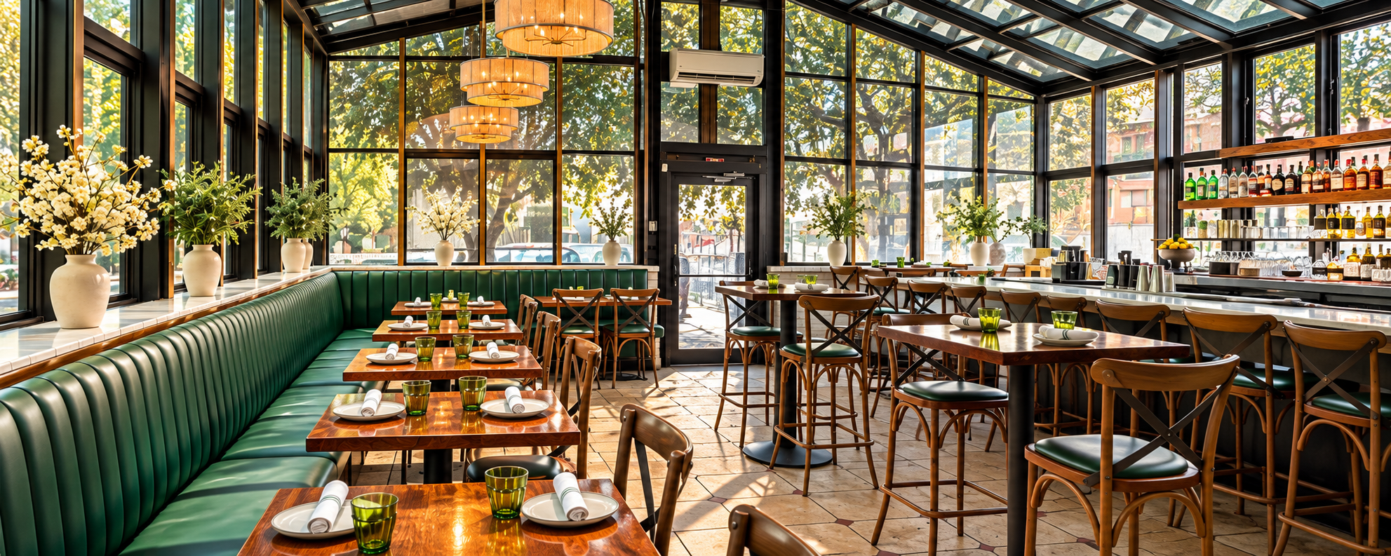 The skylit dining room and green banquettes at Lokanta in downtown Pleasanton