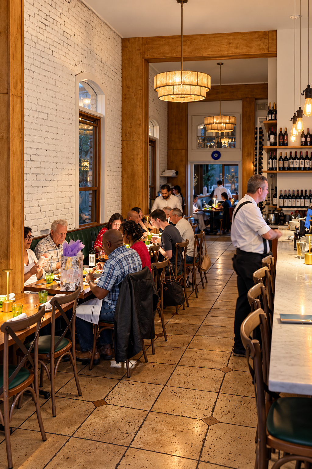 Guests dining at Lokanta, with warm pendant lighting, golden walls and green seating