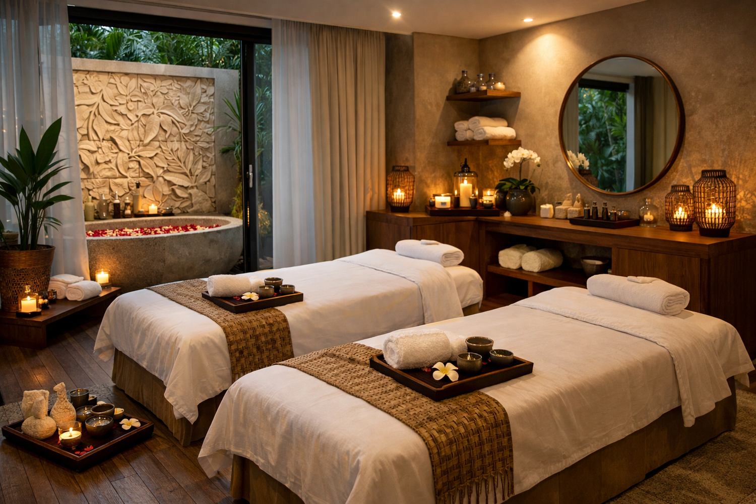 Premium massage room with candles and natural wood