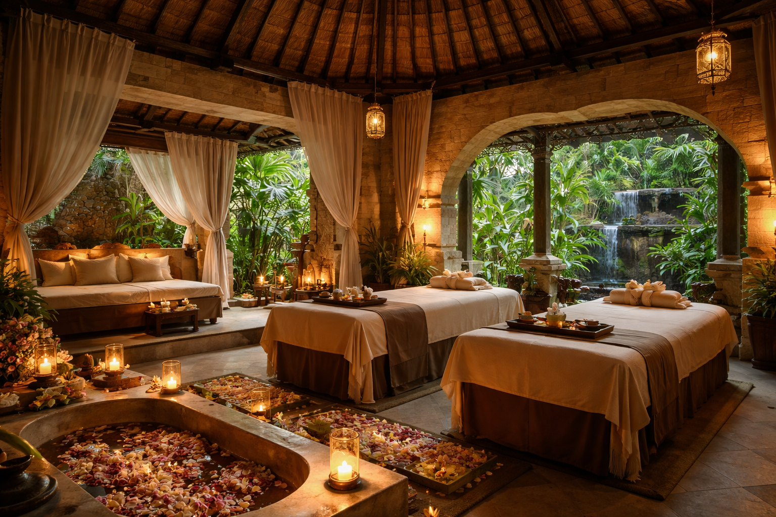 Luxury tropical spa interior with massage beds