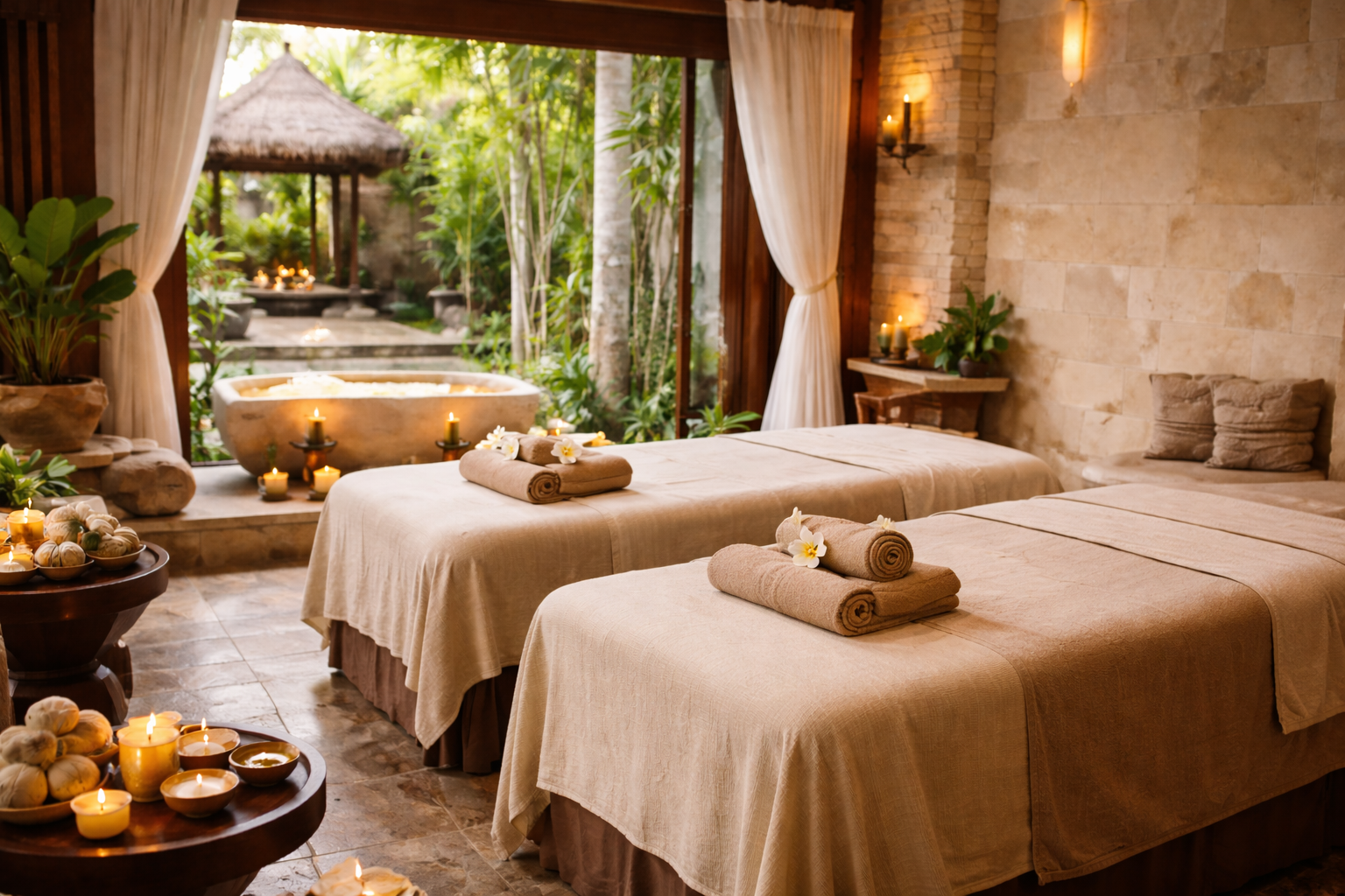 Luxury Balinese spa treatment room with tropical garden