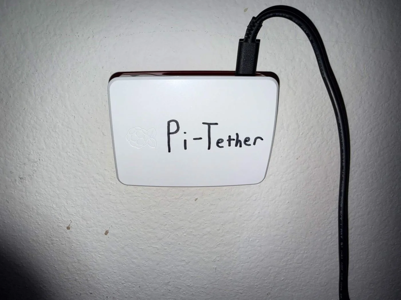 Pi-Tether unit in its case, labeled and mounted on the wall