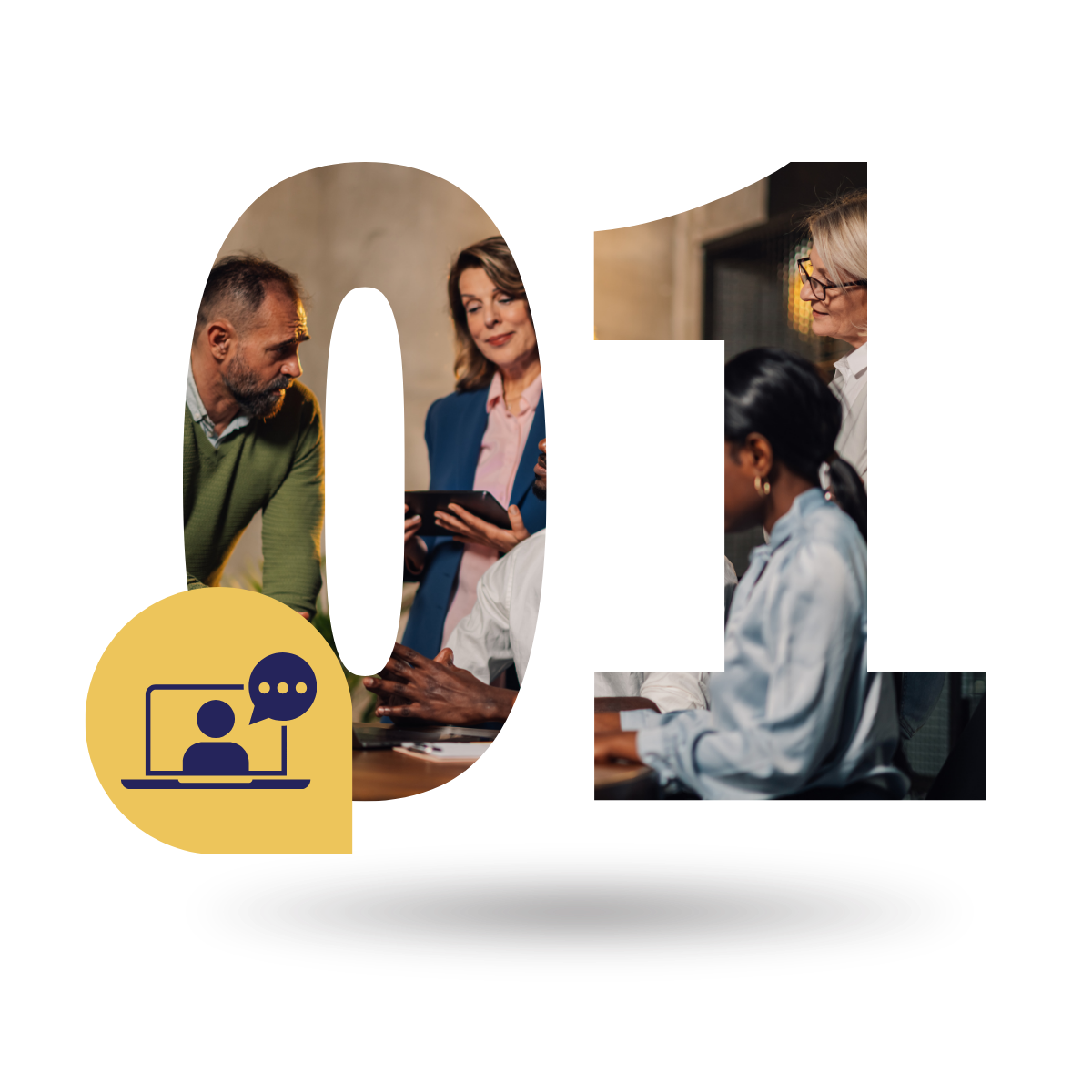 01 — workplace discussion with a virtual training icon.