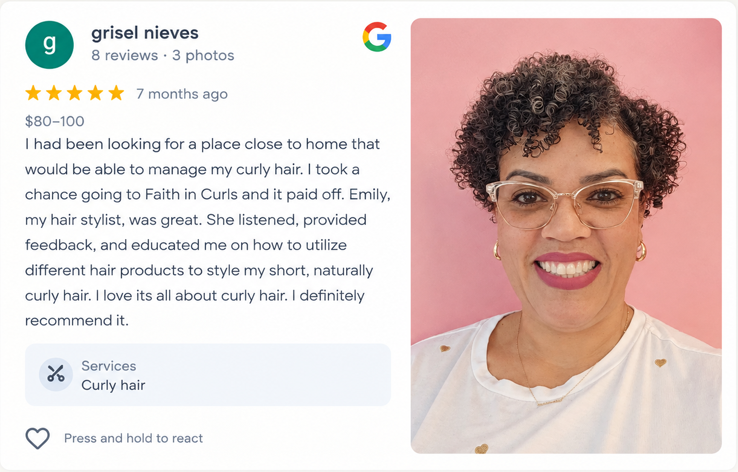 5-star Google review from Emilie Vick for Faith in Curls