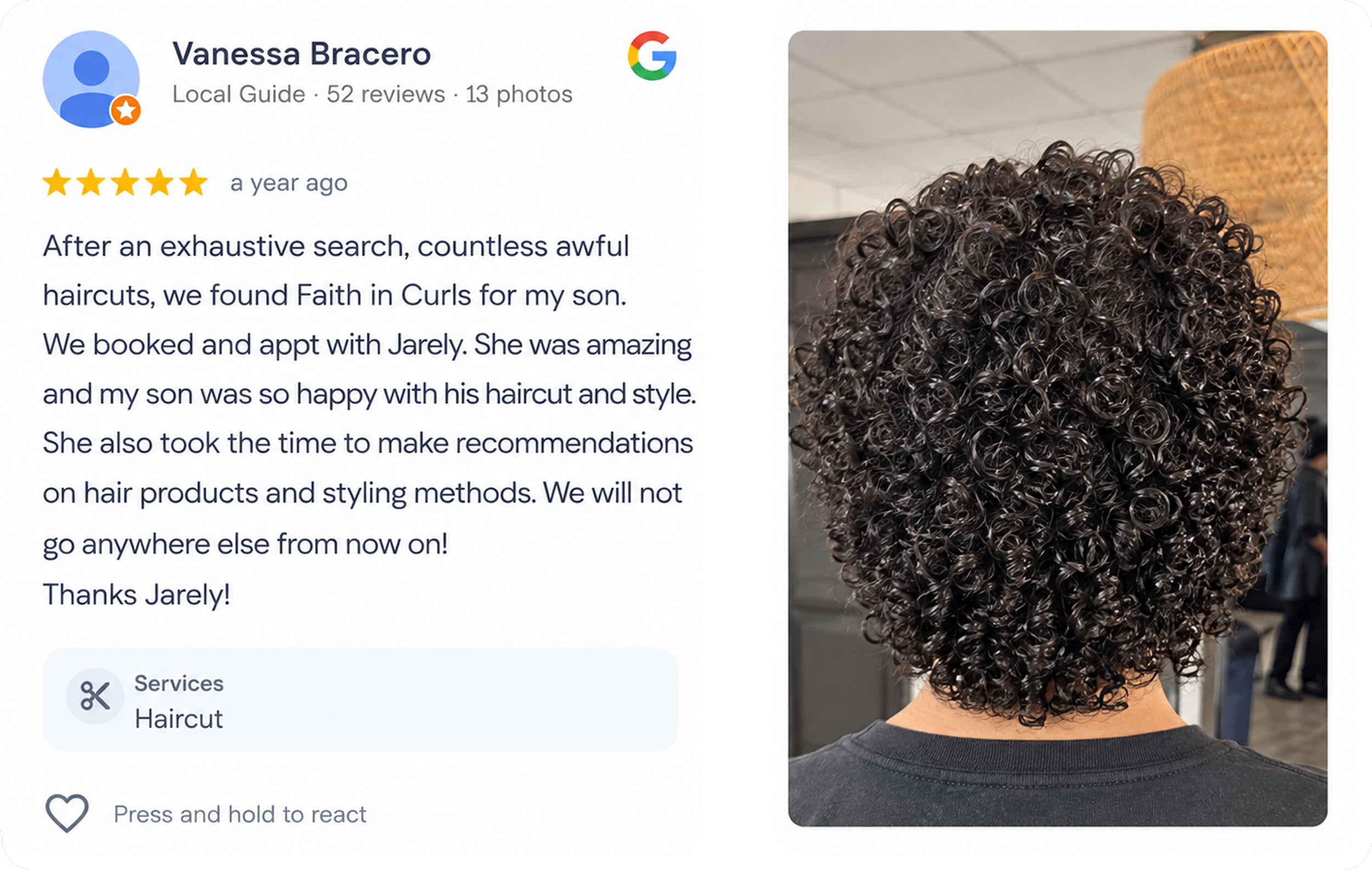 5-star Google review from Grisel Nieves for Faith in Curls