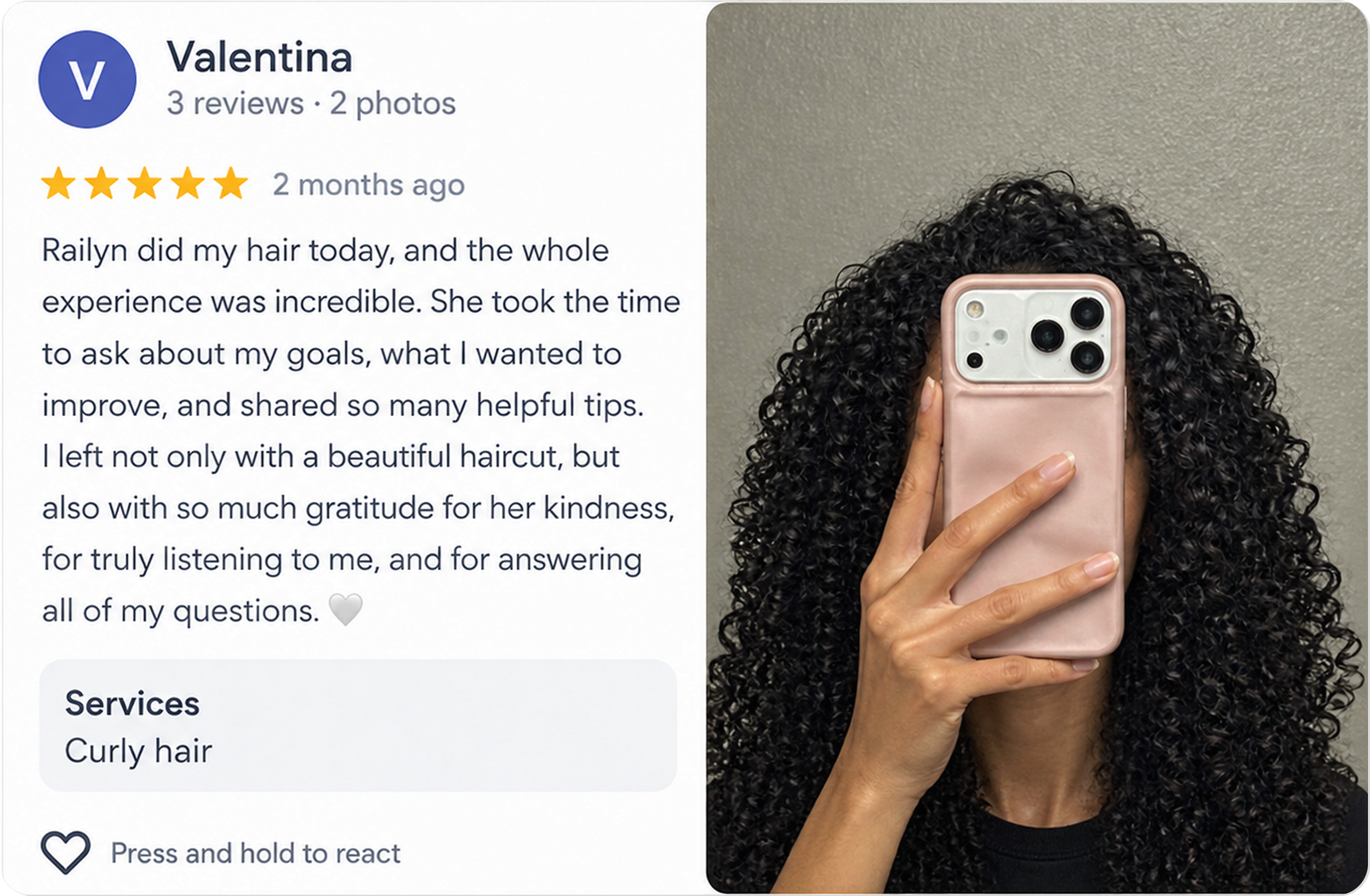 5-star Google review from Valentina for Faith in Curls