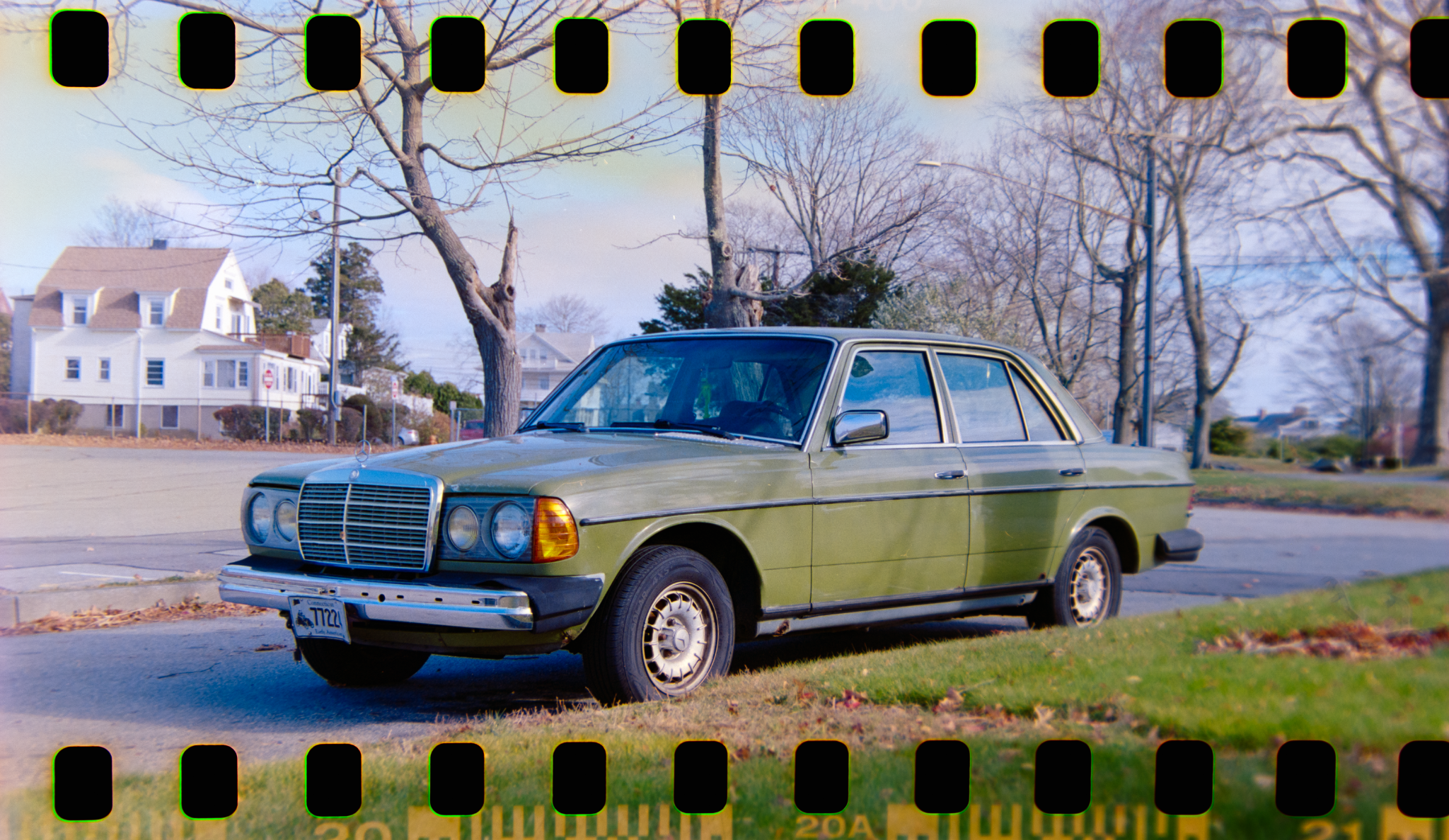 Vintage green Mercedes photographed on film