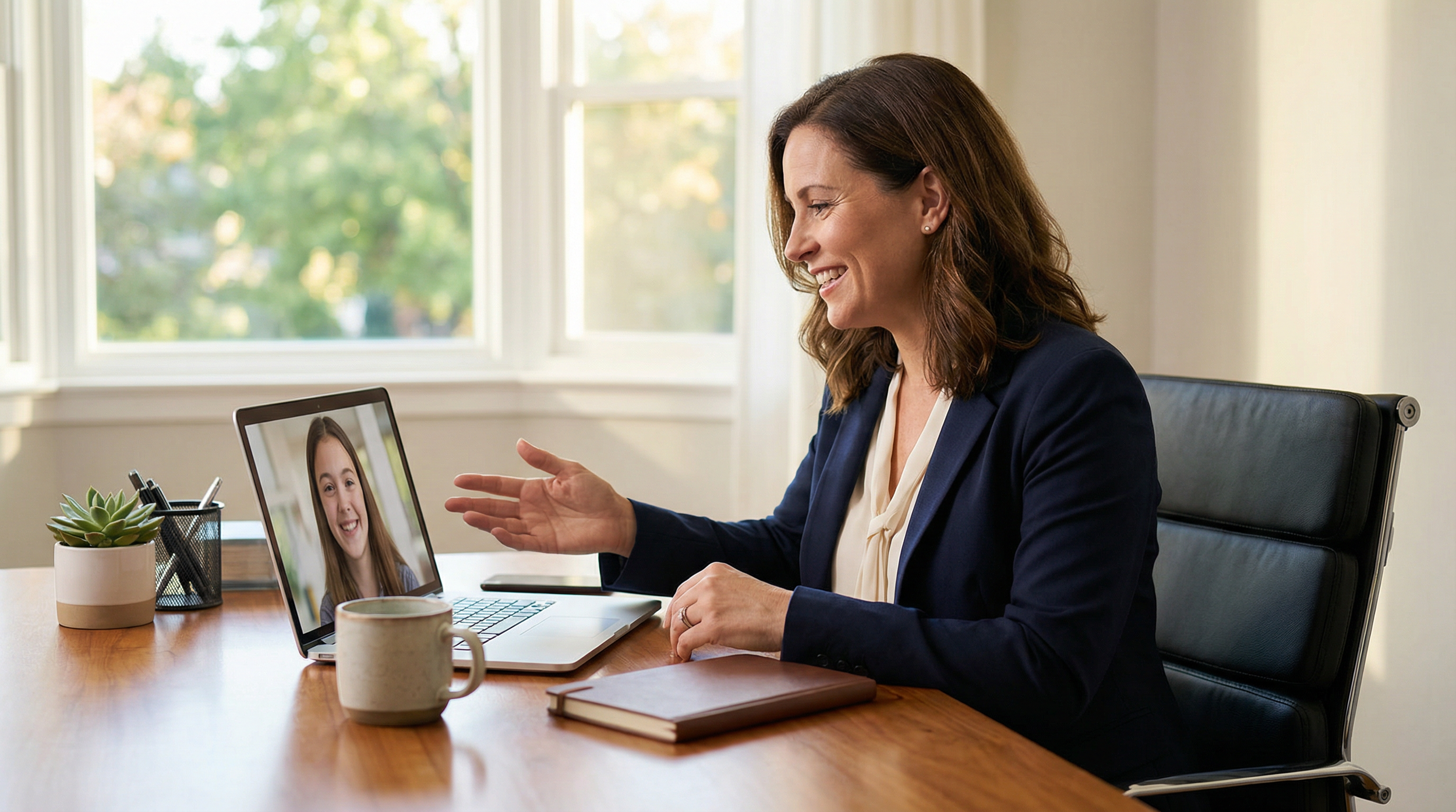 Educational consultant conducting video call with student