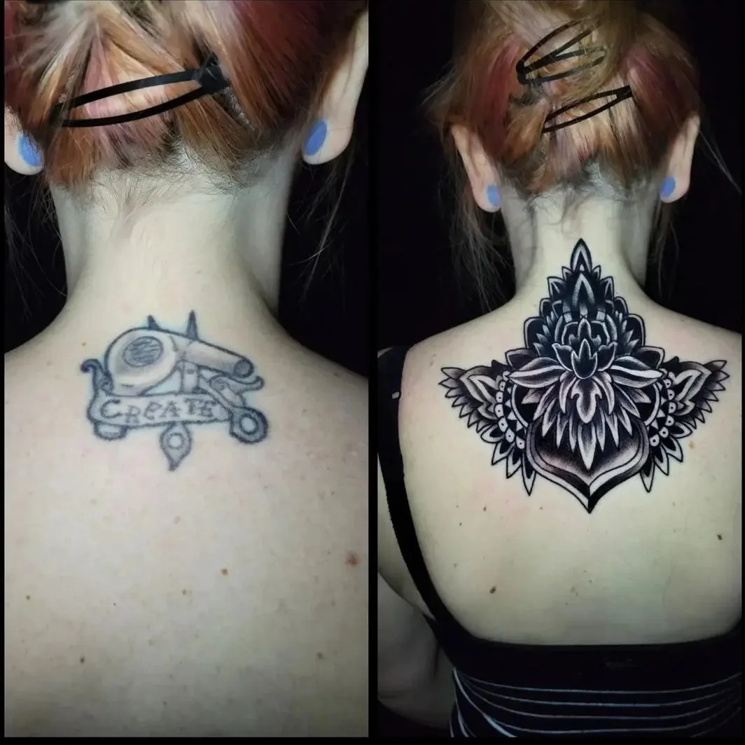 CREATE banner covered with ornamental lotus on upper back