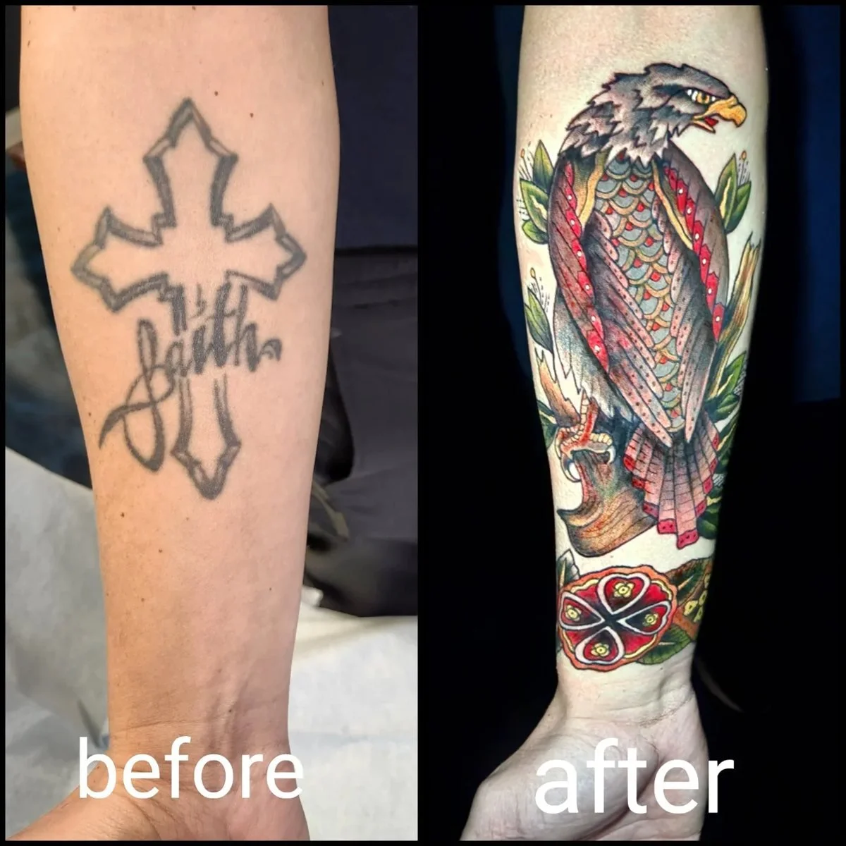 Cross with faith script covered by traditional eagle forearm tattoo