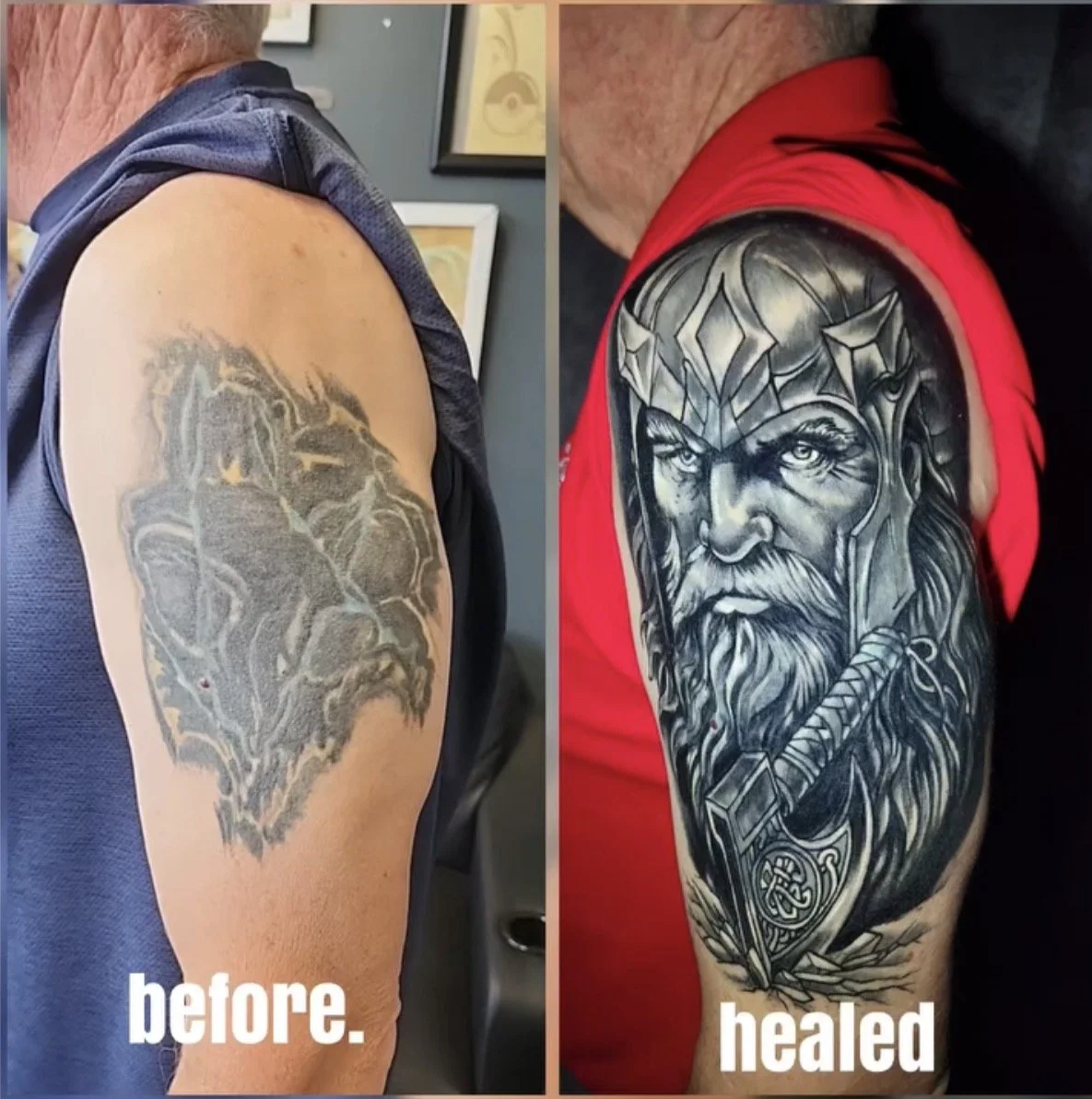 Faded old tattoo covered with black and grey Viking warrior and axe
