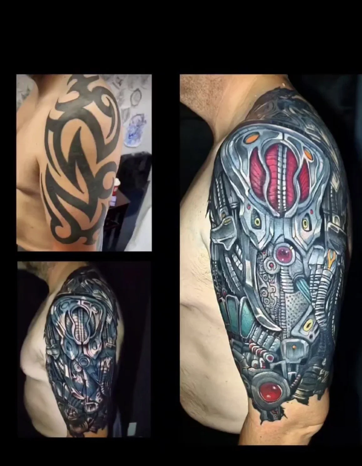 Bold tribal shoulder tattoo covered with color biomechanical design