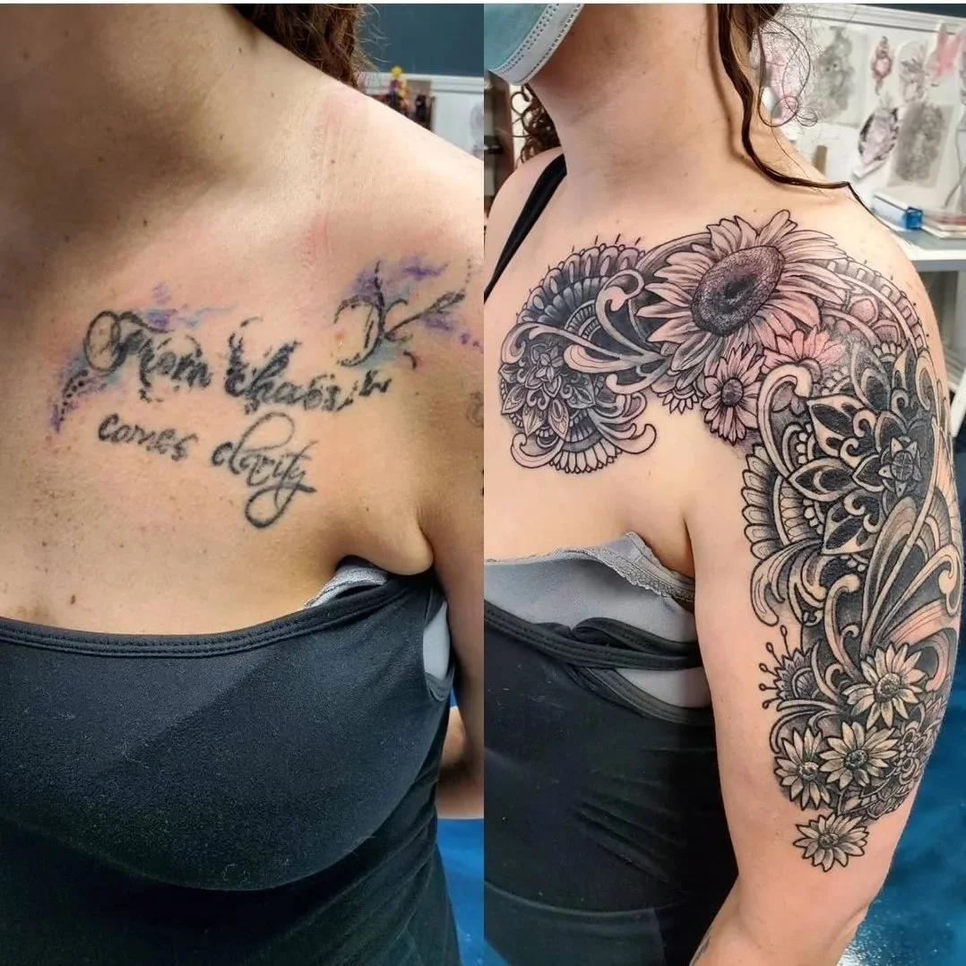 Script covered with black and grey sunflowers and mandala