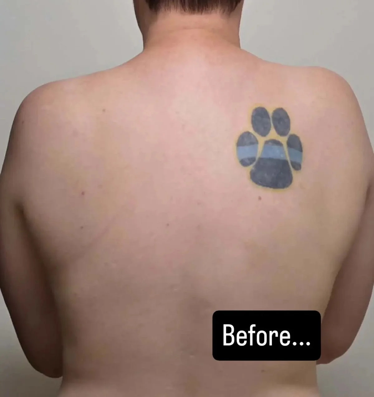 Faded thin-blue-line paw print tattoo on shoulder blade before cover-up
