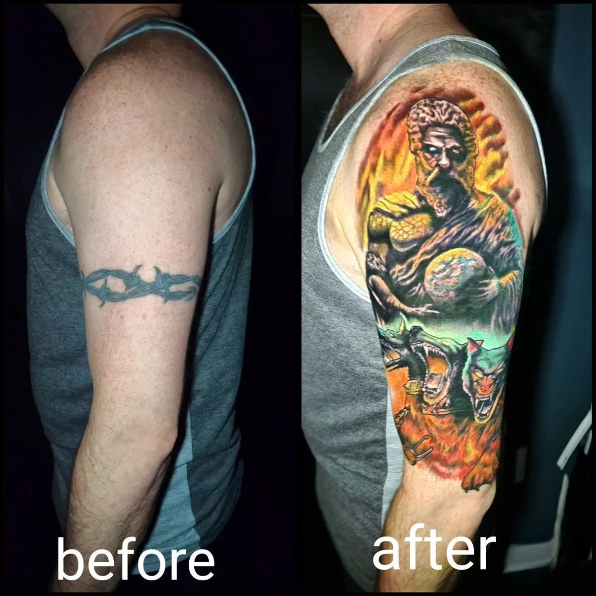 Barbed-wire armband covered with color Hades and Cerberus tattoo